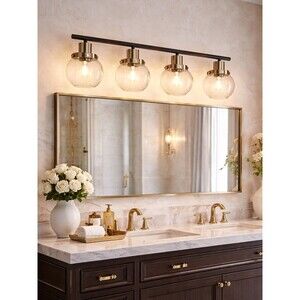 4-Light Black & Gold Bathroom Vanity Light with Clear Globe Glass Shades